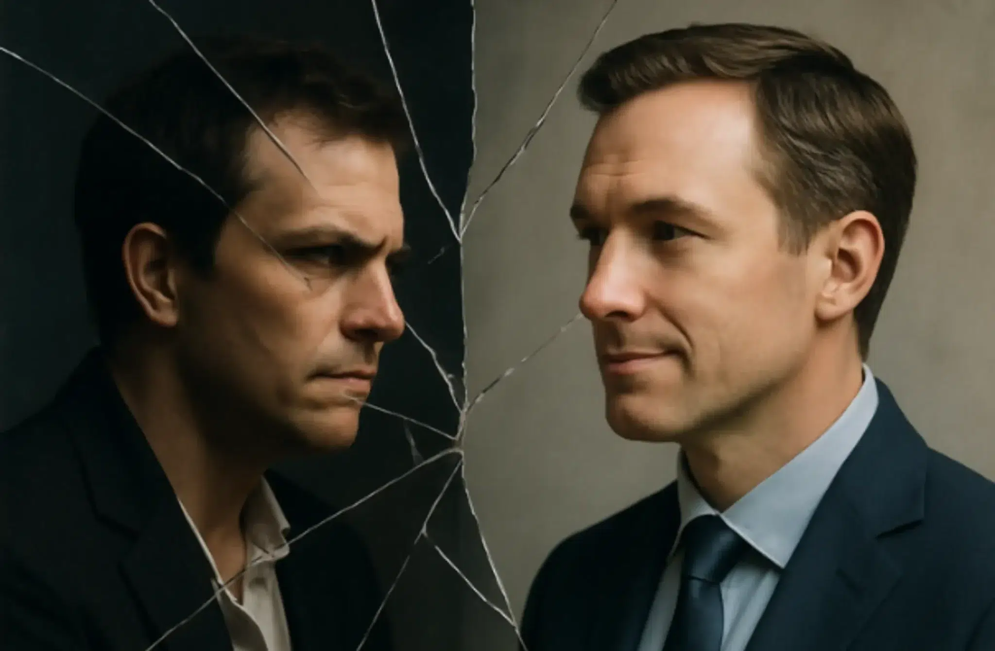 A split image of a man's face, divided by a vertical crack simulating broken glass. On the left, his expression is intense and troubled; on the right, he appears calm and composed, wearing a suit.