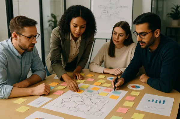 Four colleagues collaborating around a table covered in a process flow chart and sticky notes during a business meeting.