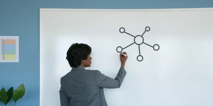 A woman in a business suit drawing a network diagram on a whiteboard.