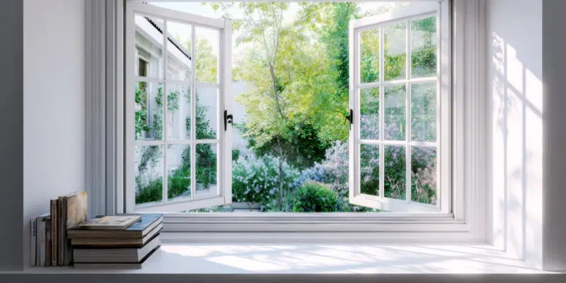 Open white-framed window looking out onto a bright garden