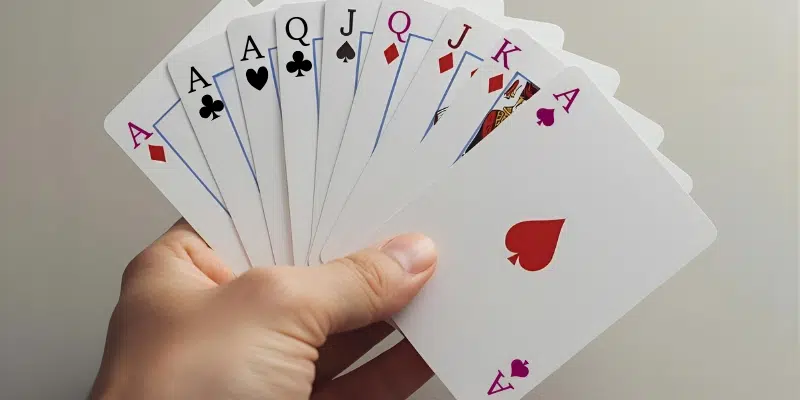 A person's hand holding a fanned-out hand of playing cards, with the Ace of Spades prominently displayed in the front.