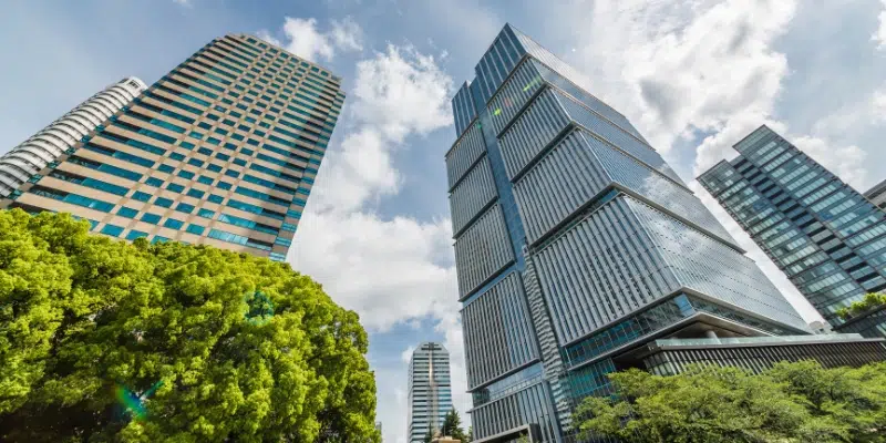 A low-angle shot looking up at modern glass skyscrapers against a blue sky with fluffy clouds, with bright green treetops in the foreground.