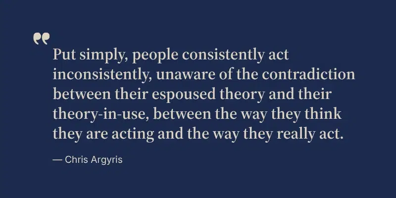 Put simply, people consistently act inconsistently, unaware of the contradiction between their espoused theory and their theory-in-use, between the way they think they are acting and the way they really act. — Chris Argyris