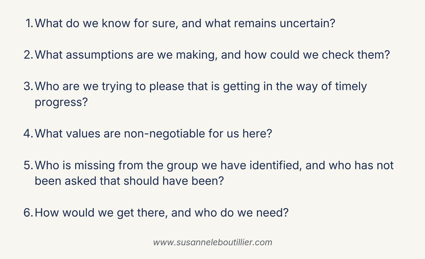 Six questions for the adviser’s seat: 1. What do we know for sure, and what remains uncertain? 2. What assumptions are we making, and how could we check them? 3. Who are we trying to please that is getting in the way of timely progress? 4. What values are non-negotiable for us here? 5. Who is missing from the group we have identified, and who has not been asked that should have been? 6. How would we get there, and who do we need?