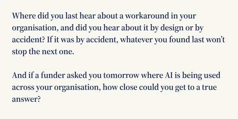 Where did you last hear about a workaround in your organisation, and did you hear about it by design or by accident? If it was by accident, whatever you found last won't stop the next one. And if a funder asked you tomorrow where AI is being used across your organisation, how close could you get to a true answer?
